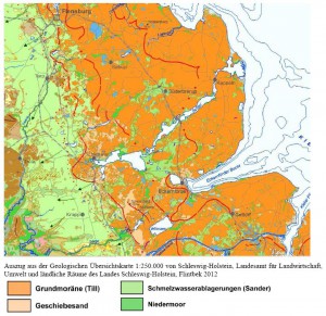 Auszug aus der Geologischen Übersichtskarte 1:250.000 von Schleswig-Holstein, Landesamt für Landwirtschaft, Umwelt und ländliche Räume des Landes Schleswig-Holstein, Flintbek 2012
